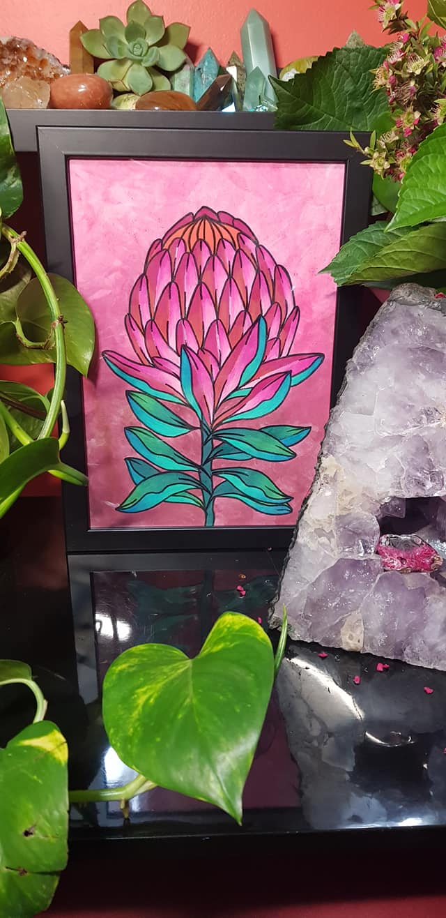 Red protea flower Australian floral tattoo inspired artwork