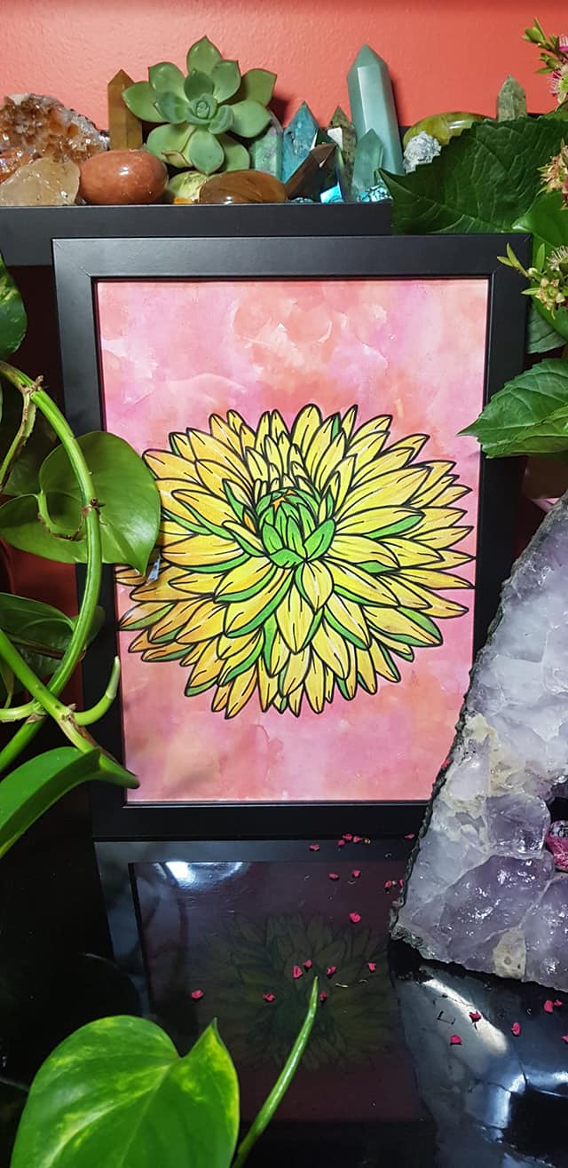 Golden dahlia flower Australian floral tattoo inspired artwork
