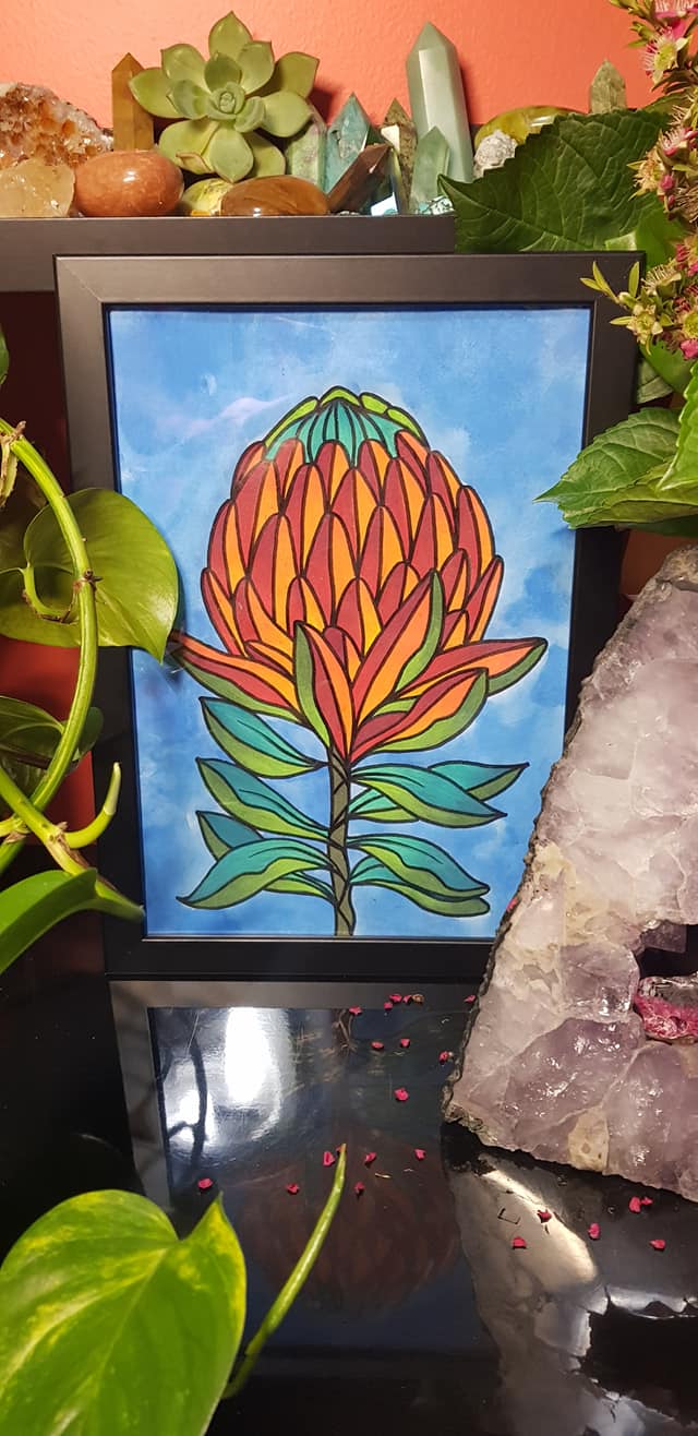 Orange & red protea flower Australian floral tattoo inspired artwork