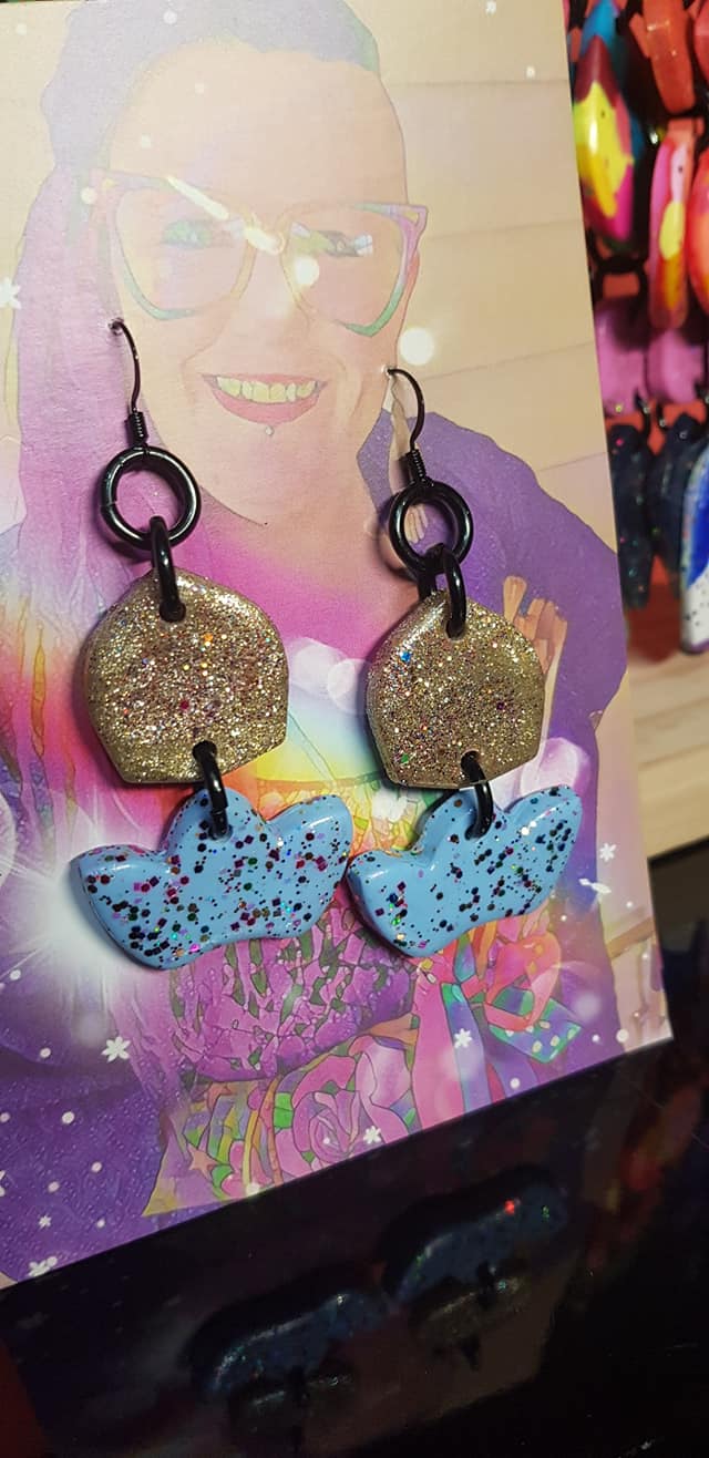 SALE $10!!!  Blue & gold crown glitter polymer clay earrings