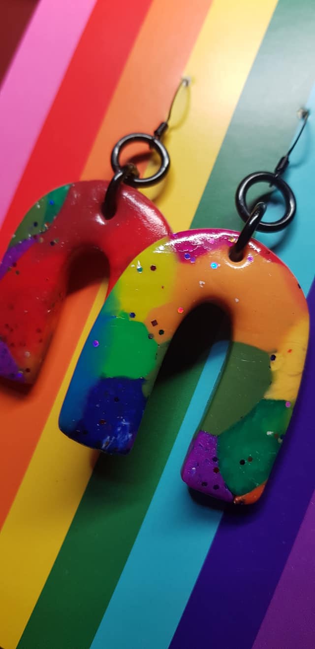 Large rainbow glitter handmade earrings polymer clay