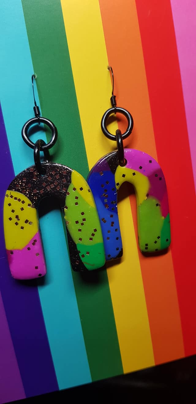 Small rainbow glitter handmade earrings polymer clay