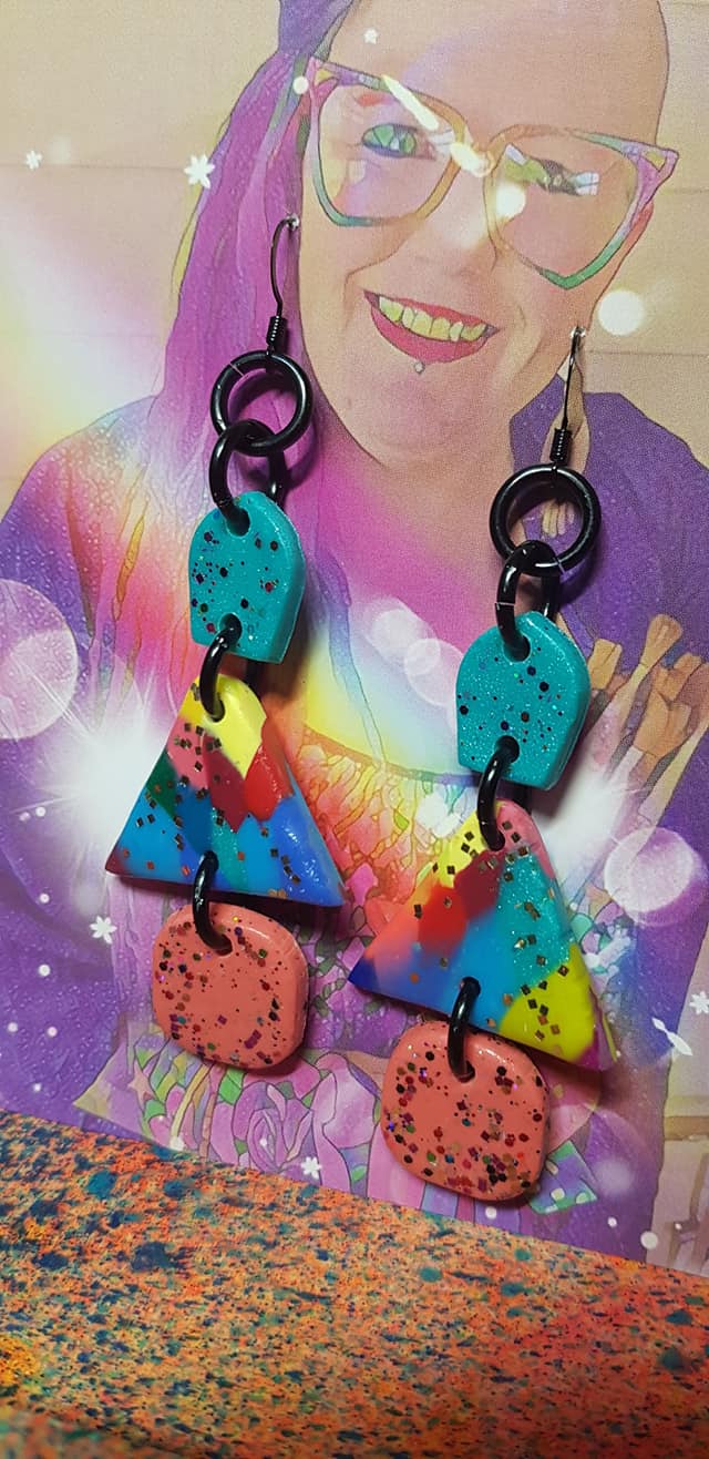 Triangle rainbow glitter handmade earrings polymer clay