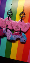 Load image into Gallery viewer, Pink crowns &amp; rainbows glitter handmade earrings polymer clay
