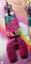 Load image into Gallery viewer, Fuchsia flock rainbow glitter handmade earrings polymer clay
