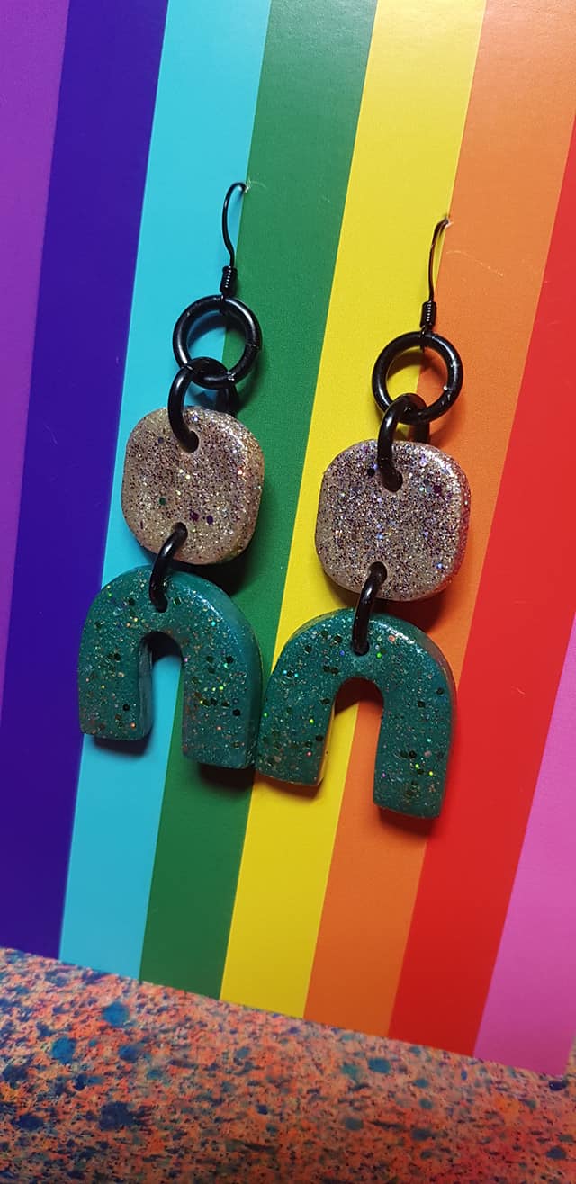 SALE $10!!! Forest green rainbow glitter handmade earrings polymer clay