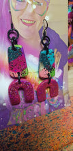 Load image into Gallery viewer, Fuchsia flock rainbow glitter handmade earrings polymer clay
