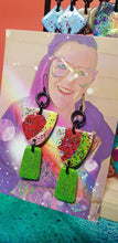 Load image into Gallery viewer, Toffee apples &amp; rainbow glitter handmade earrings polymer clay
