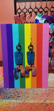 Load image into Gallery viewer, Teal rainbows glitter handmade earrings polymer clay

