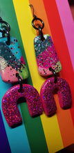 Load image into Gallery viewer, Fuchsia flock rainbow glitter handmade earrings polymer clay

