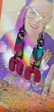 Load image into Gallery viewer, Fuchsia flock rainbow glitter handmade earrings polymer clay
