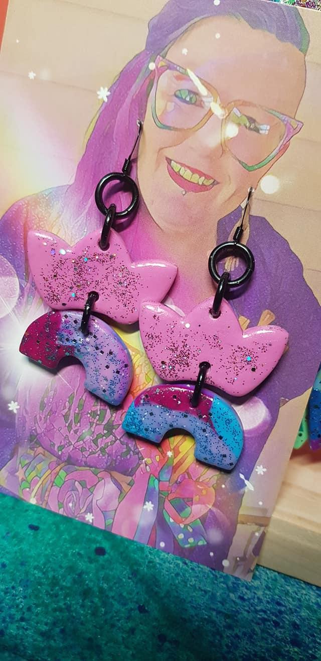 Pink crowns & rainbows glitter handmade earrings polymer clay