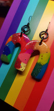 Load image into Gallery viewer, Large ruby red rainbows glitter handmade earrings polymer clay
