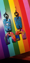 Load image into Gallery viewer, Teal rainbows glitter handmade earrings polymer clay

