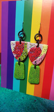 Load image into Gallery viewer, Toffee apples &amp; rainbow glitter handmade earrings polymer clay
