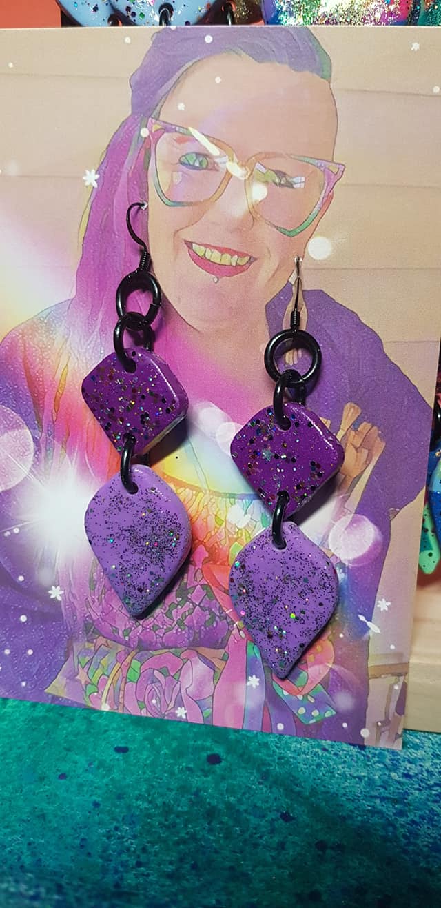 Dusty violet glitter handmade earrings polymer clay