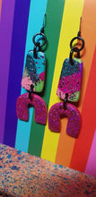 Load image into Gallery viewer, Fuchsia flock rainbow glitter handmade earrings polymer clay
