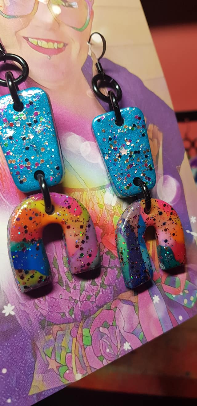 Teal rainbows glitter handmade earrings polymer clay