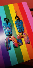 Load image into Gallery viewer, Teal rainbows glitter handmade earrings polymer clay
