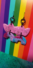 Load image into Gallery viewer, Pink crowns &amp; rainbows glitter handmade earrings polymer clay
