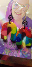 Load image into Gallery viewer, Large ruby red rainbows glitter handmade earrings polymer clay
