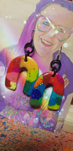 Load image into Gallery viewer, Large ruby red rainbows glitter handmade earrings polymer clay
