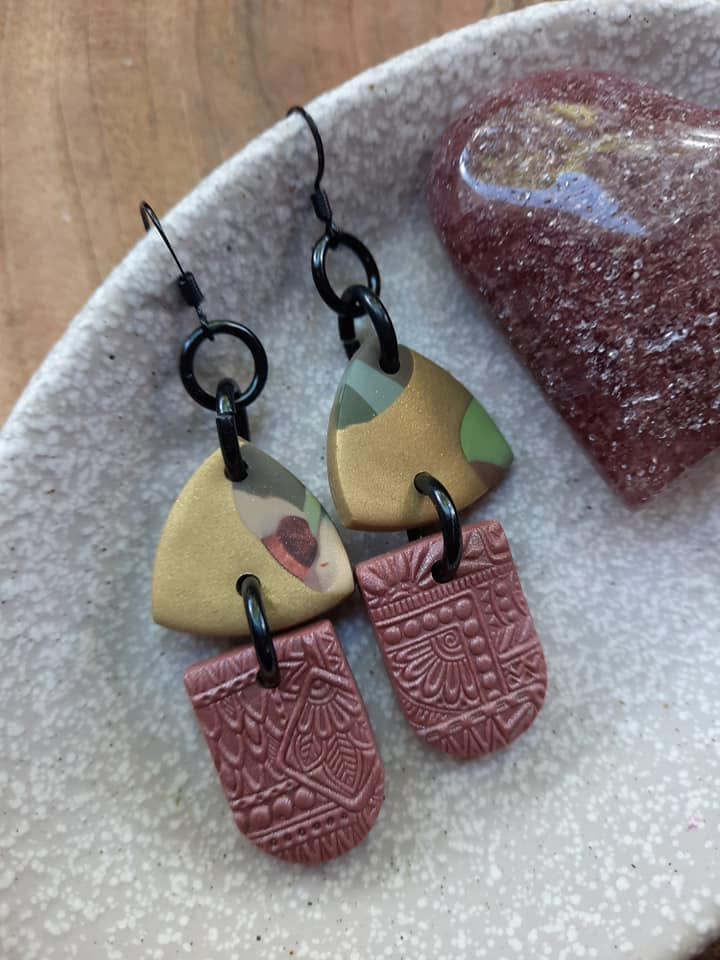 Red wine dangle handmade earrings polymer clay earthy
