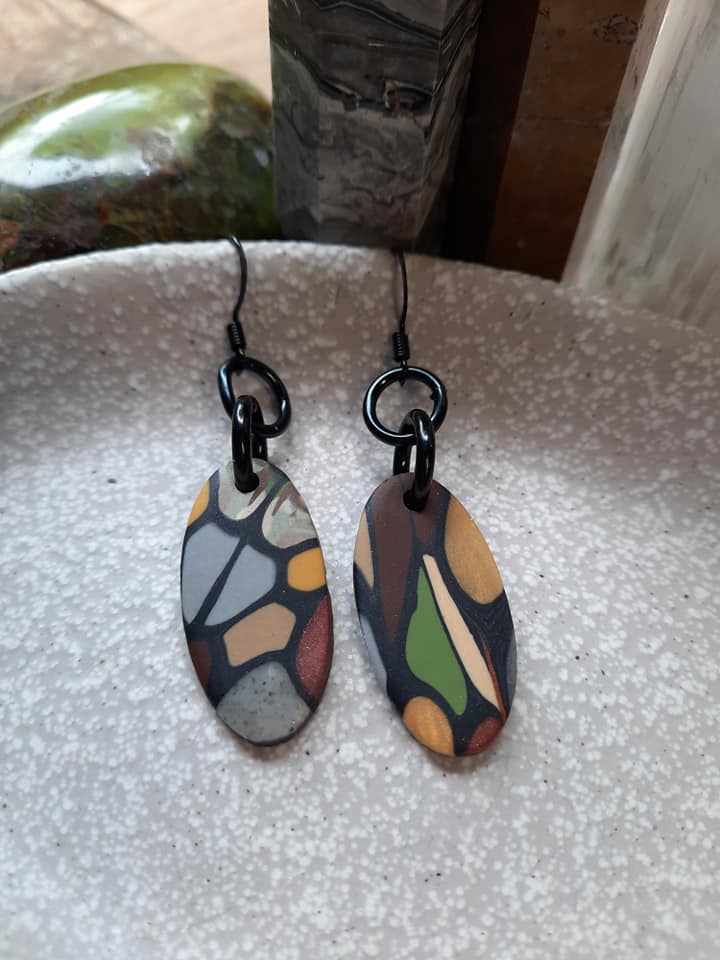 Oval leadlight dangle handmade earrings polymer clay earthy