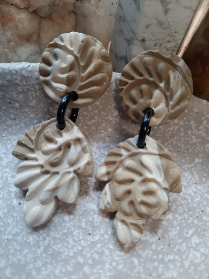 Moss agate stud handmade earrings polymer clay earthy