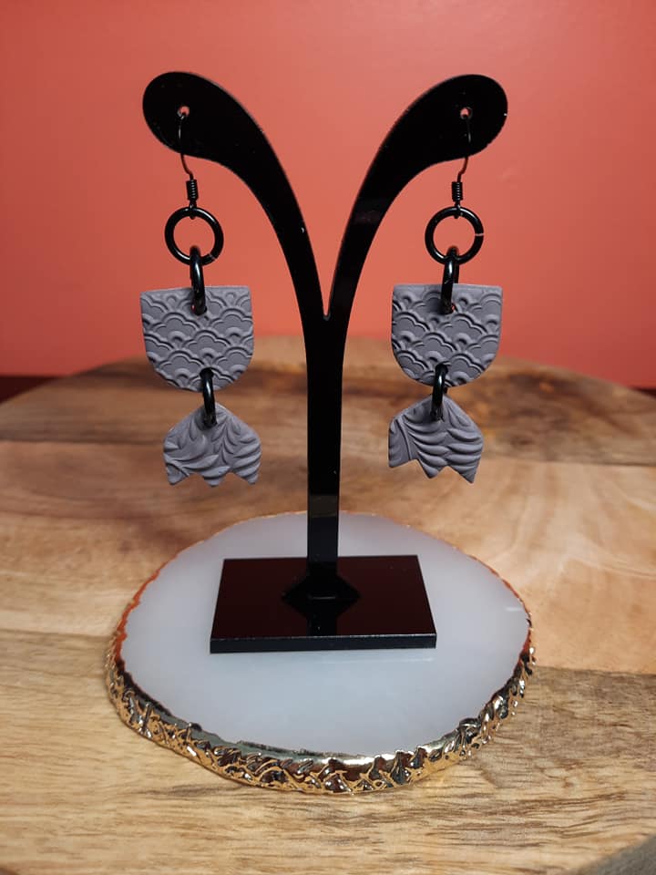 Pattern slate dangle handmade earrings polymer clay earthy