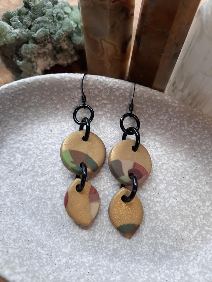 Gold rain drops dangle handmade earrings polymer clay earthy