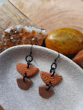 Load image into Gallery viewer, Orange embers dangle handmade earrings polymer clay earthy

