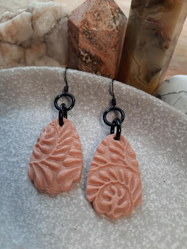 Pink amethyst dangle handmade earrings polymer clay earthy