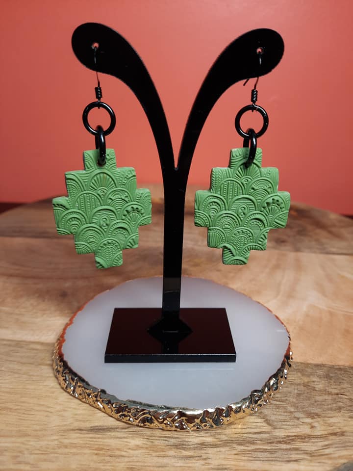 Irish stone green dangle handmade earrings polymer clay earthy