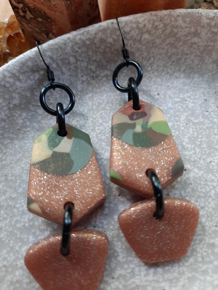 Nutmeg dangle handmade earrings polymer clay earthy