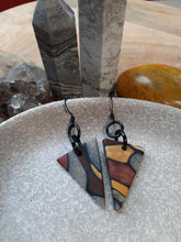 Load image into Gallery viewer, Love triangle dangle handmade earrings polymer clay earthy
