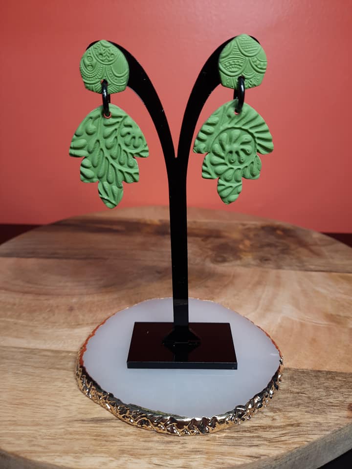 Green khaki leaf stud handmade earrings polymer clay earthy