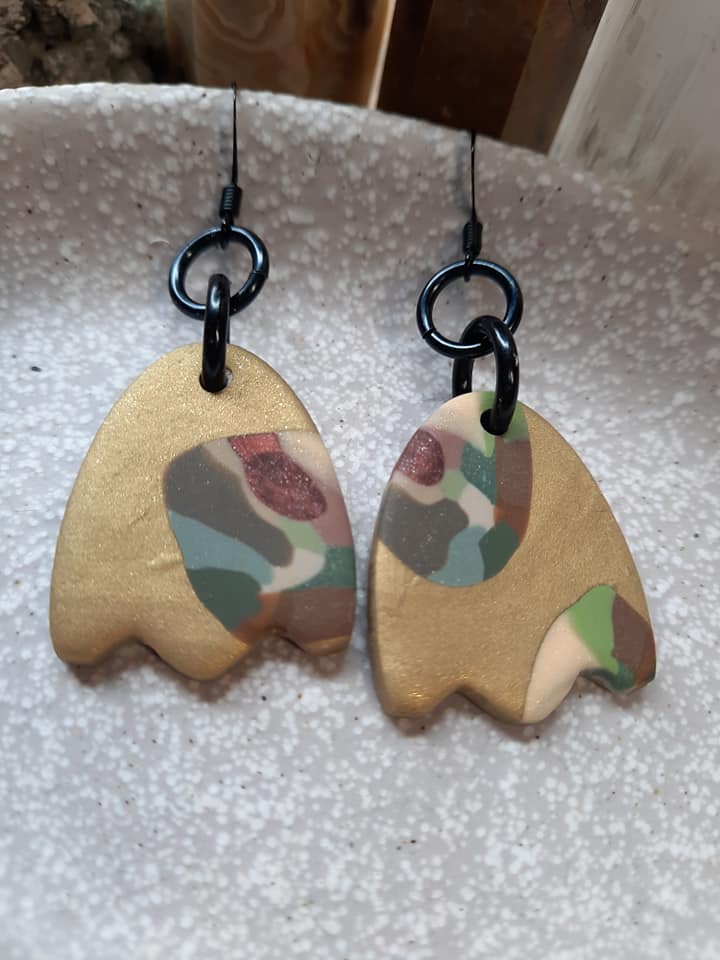 Gold tulips dangle handmade earrings polymer clay earthy