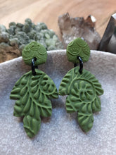 Load image into Gallery viewer, Green khaki leaf stud handmade earrings polymer clay earthy
