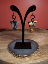 Load image into Gallery viewer, Love triangle dangle handmade earrings polymer clay earthy
