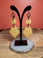 Load image into Gallery viewer, Golden stars dangle handmade earrings polymer clay earthy
