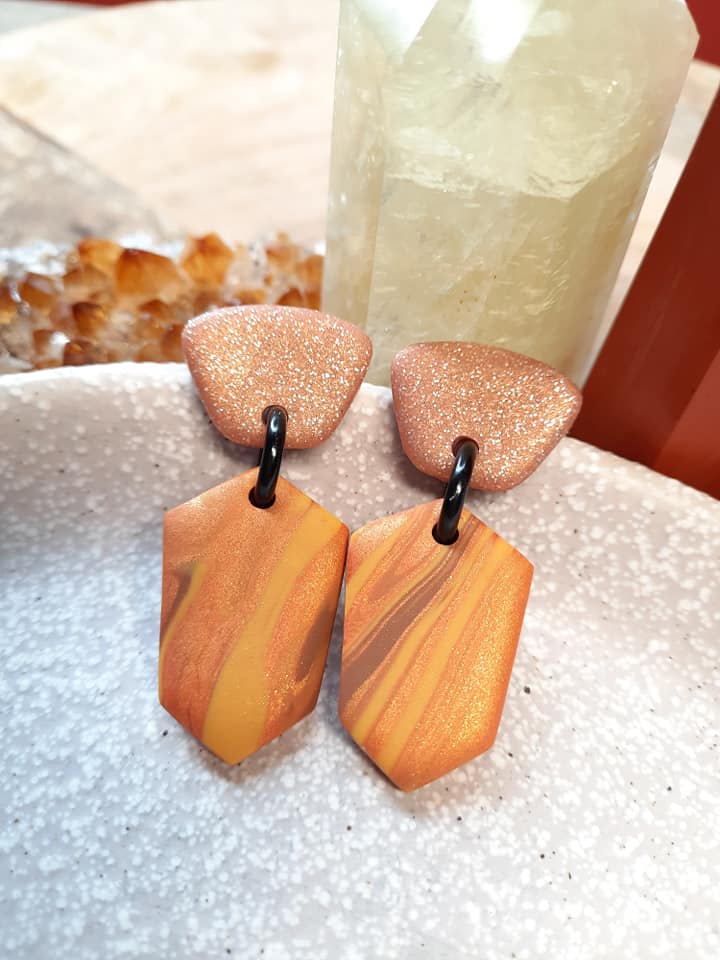 Mandarin swirl stud handmade earrings polymer clay earthy