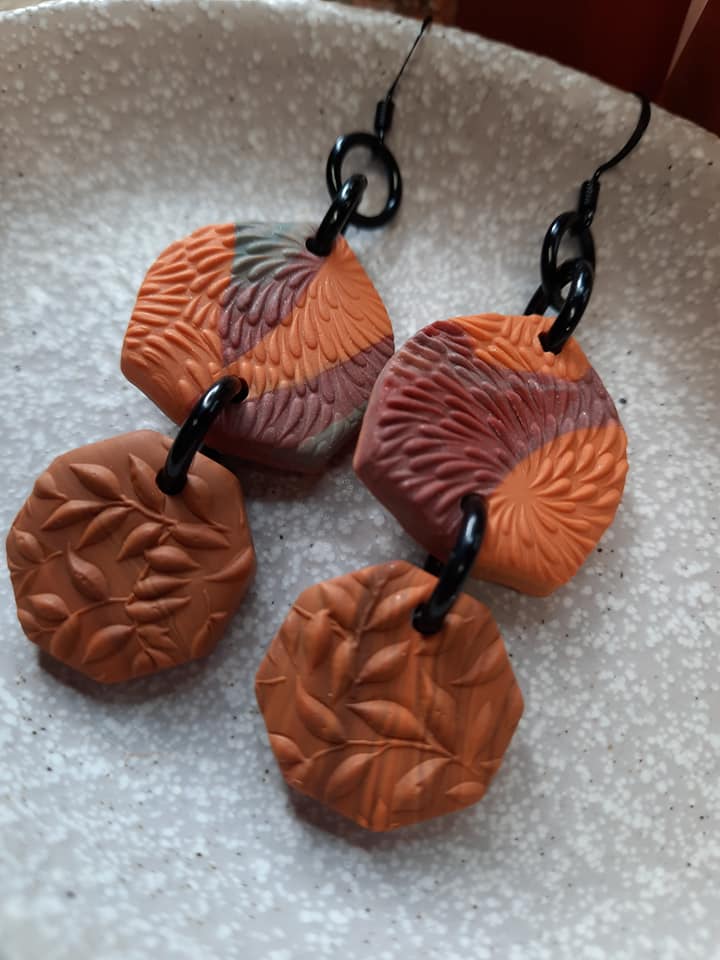 Orange bird dangle handmade earrings polymer clay earthy