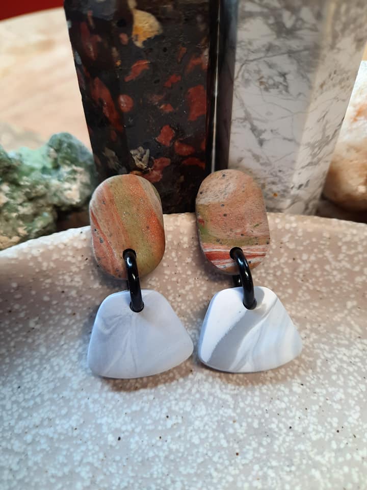 Marble stud handmade earrings polymer clay earthy
