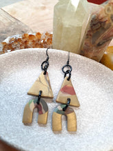 Load image into Gallery viewer, Gold rainbow dangle handmade earrings polymer clay earthy
