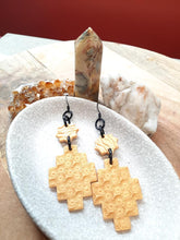 Load image into Gallery viewer, Golden stars dangle handmade earrings polymer clay earthy
