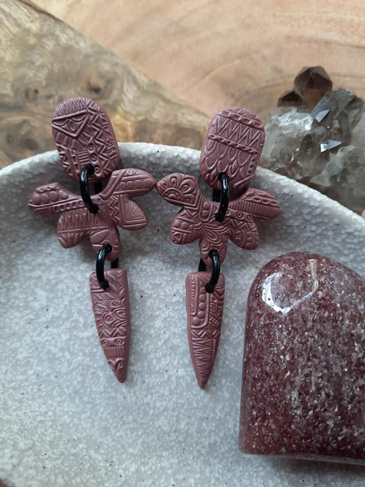 Red wine stud handmade earrings polymer clay earthy