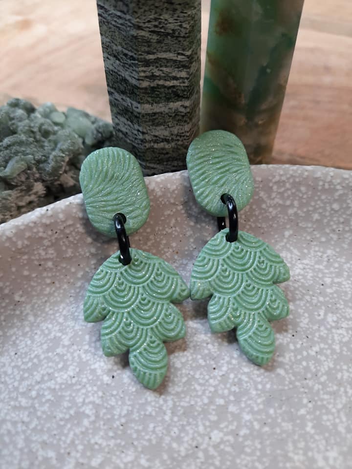 Minty leaf stud handmade earrings polymer clay earthy