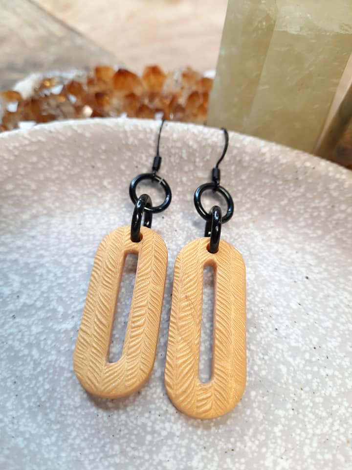 Golden ovals dangle handmade earrings polymer clay earthy