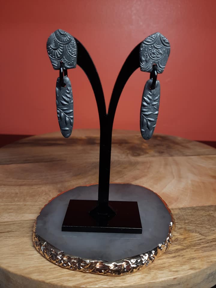 Shiny Obsidian stud handmade earrings polymer clay earthy